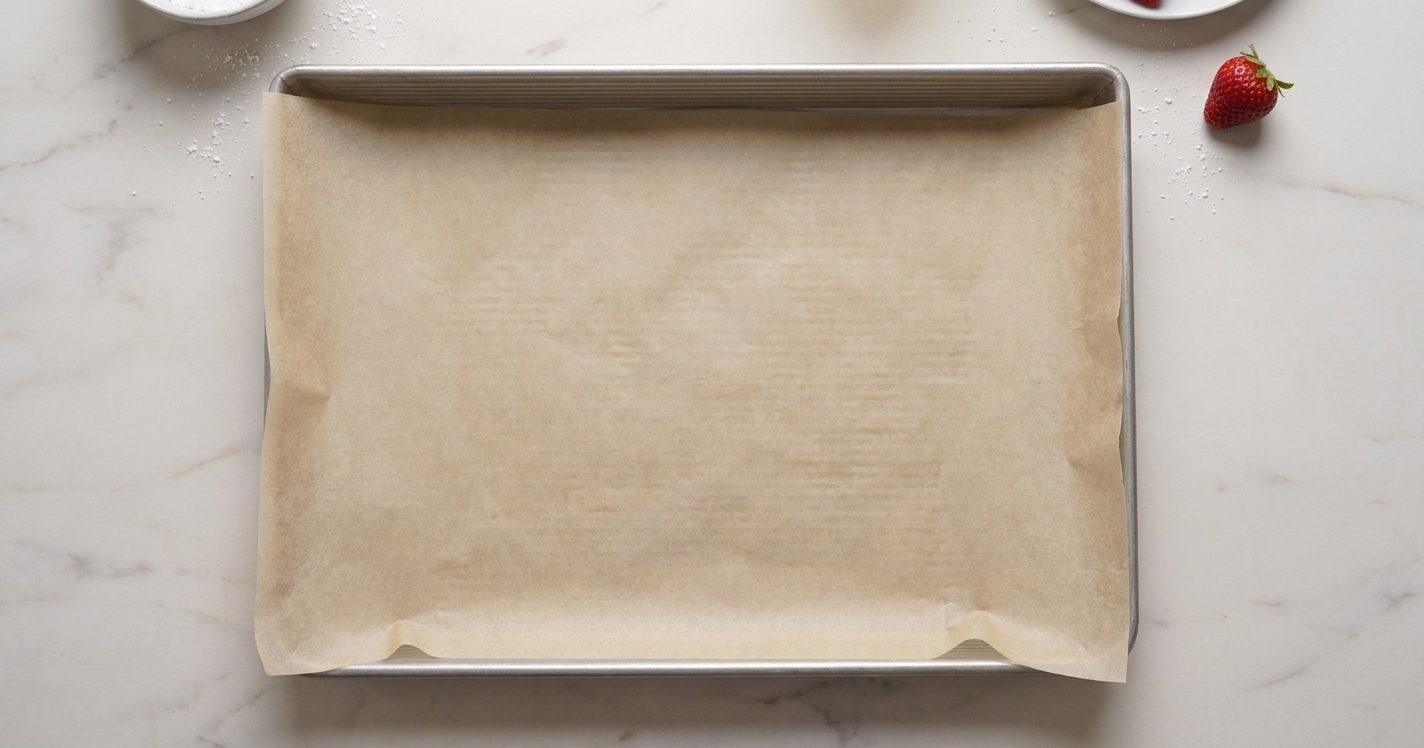A 10x15-inch jelly roll pan lined with parchment paper on a light countertop