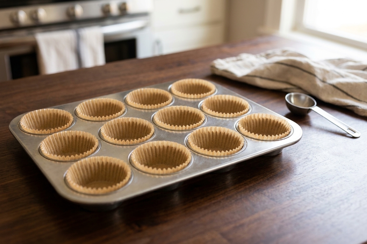 A 12 cup muffin pan lined with paper cupcake liners on a clean kitchen counter