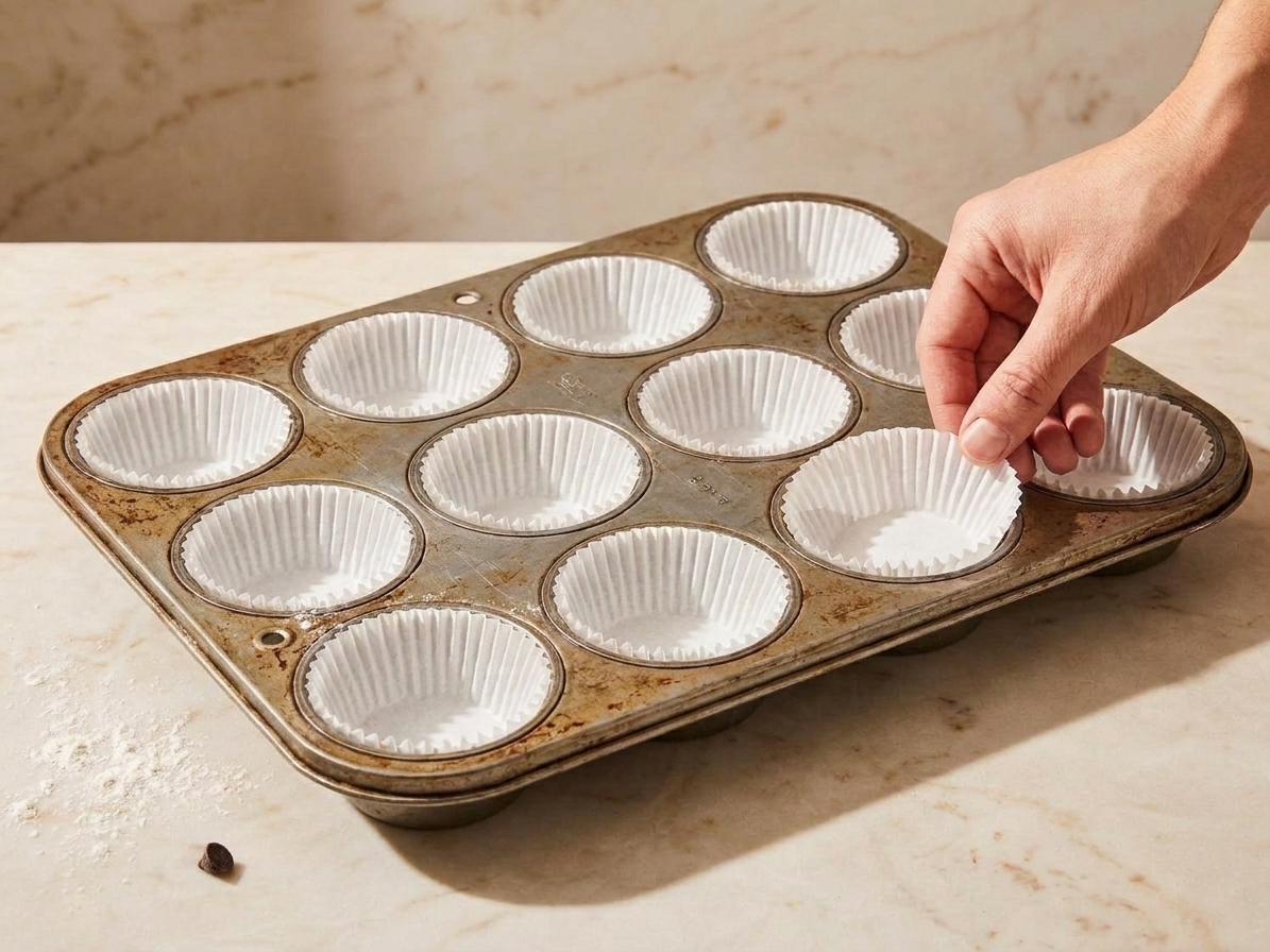 A 12-cup muffin pan lined with paper liners on a clean kitchen counter