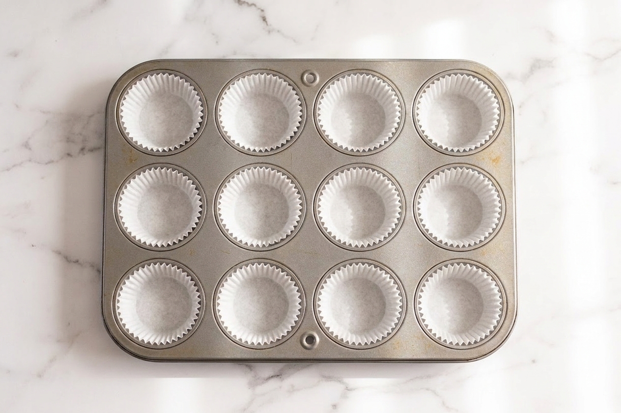 A 12-cup muffin tin lined with paper liners on a clean kitchen counter
