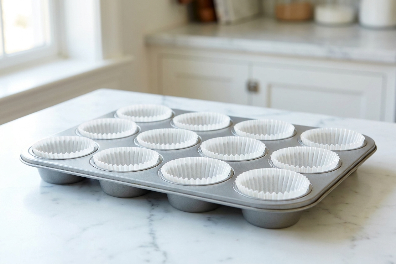 A 12-cup muffin tin lined with white paper liners on a clean kitchen counter