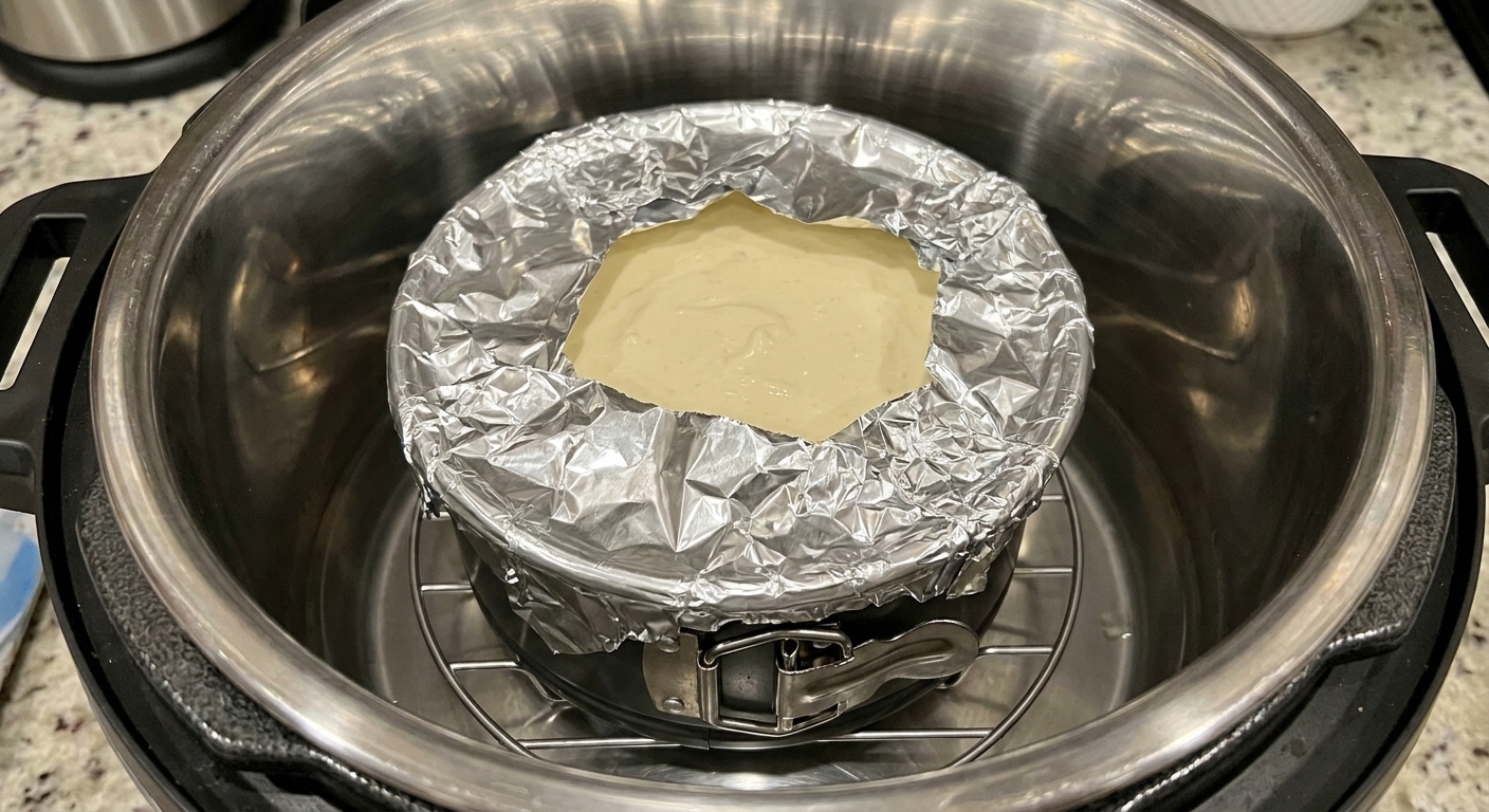 A 7-inch springform pan filled with cheesecake batter covered loosely with foil, sitting on a trivet inside an Instant Pot inner pot before cooking
