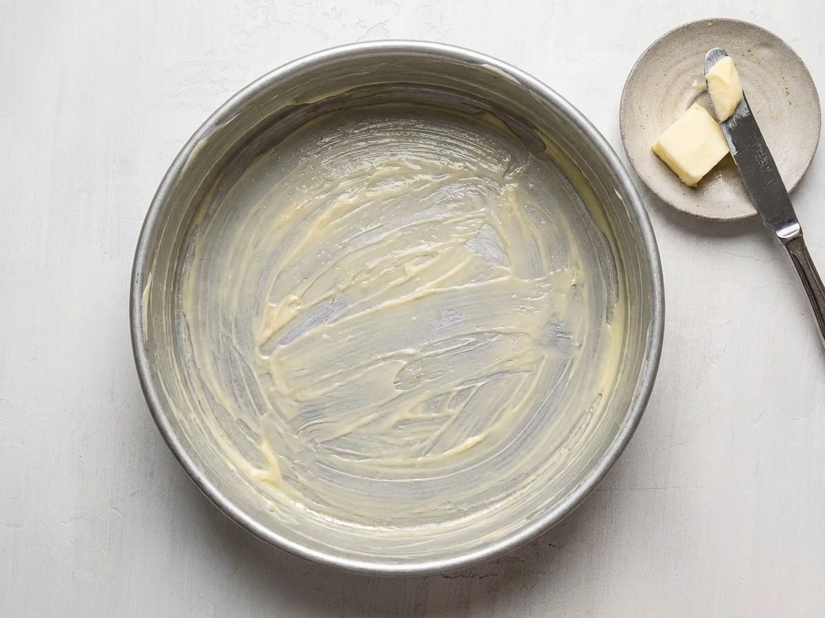 A 9-inch round cake pan on a kitchen counter with butter greased along the bottom and sides