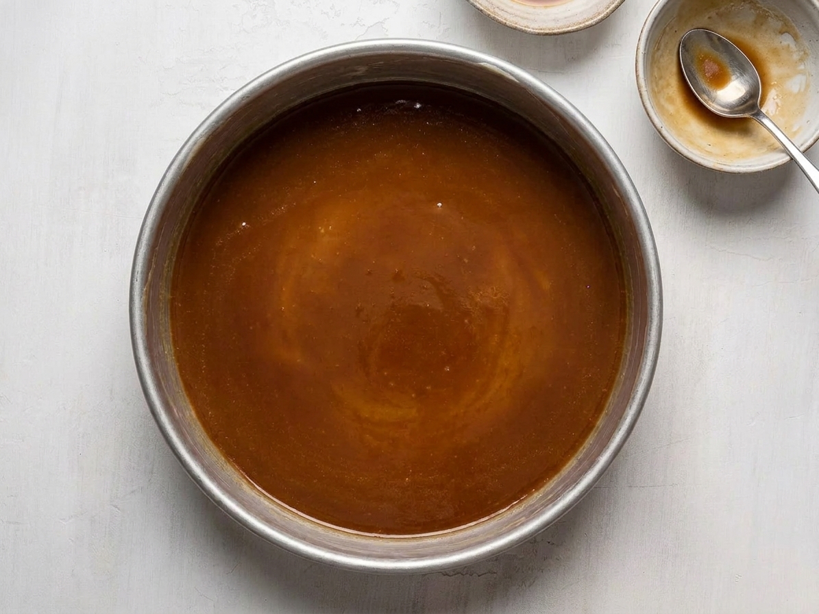A 9-inch round cake pan with melted brown sugar caramel spread evenly across the bottom
