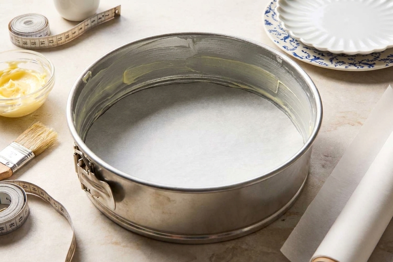 A 9-inch springform pan with parchment paper lining the bottom and the sides lightly greased, sitting on a light stone kitchen counter