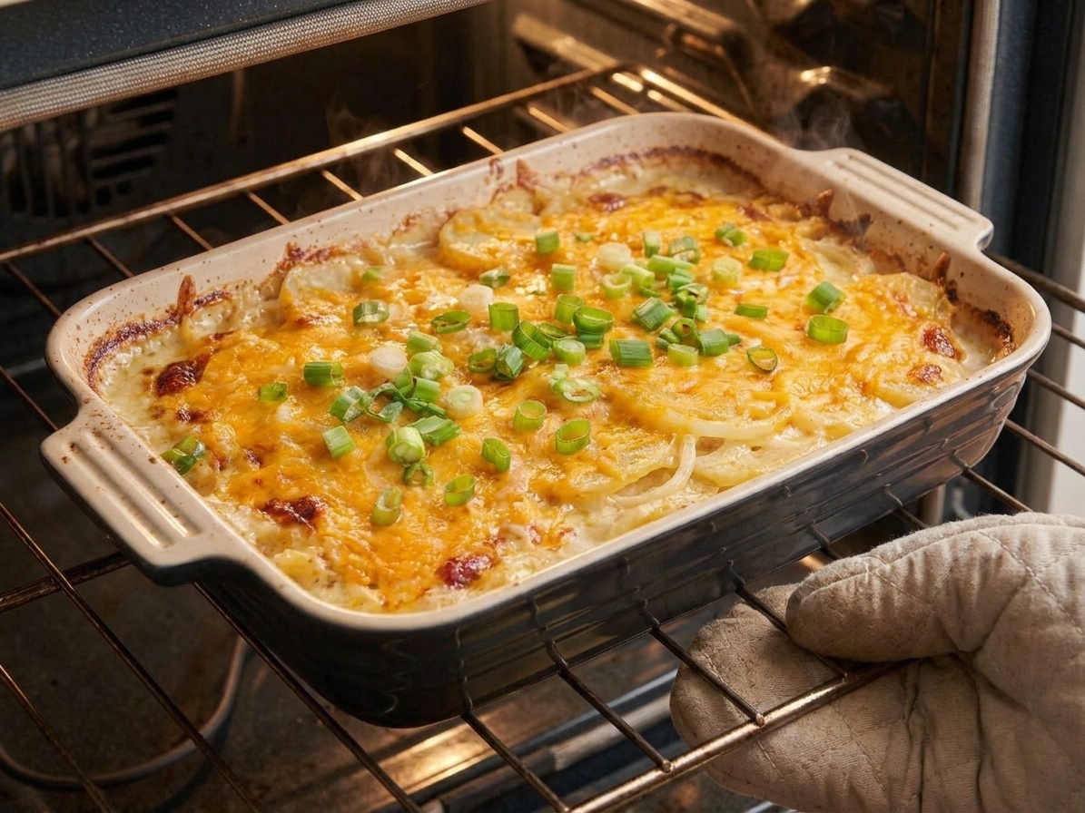 A 9 x 13-inch baking dish of swamp potatoes on an oven rack, cheese melted and bubbling on top