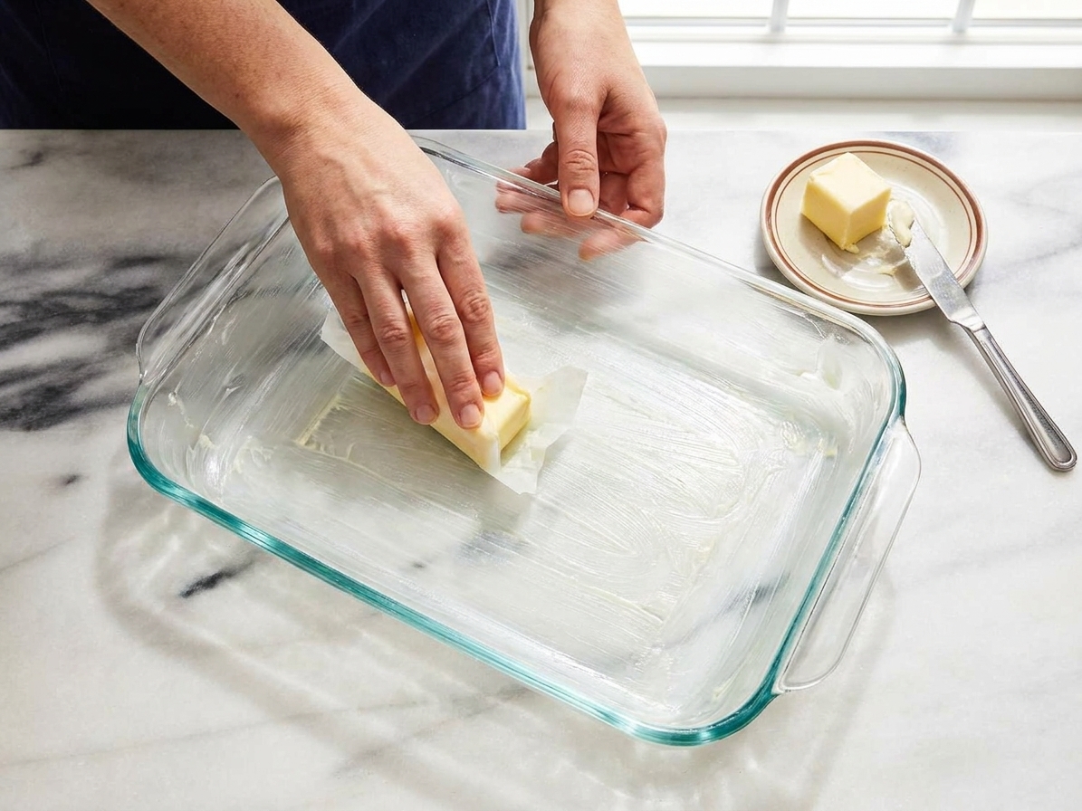 A 9x13 baking dish being greased with butter on a kitchen counter