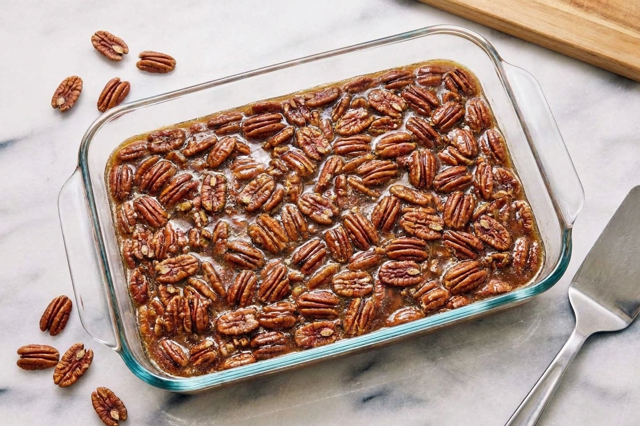 A 9x13 baking dish filled with glossy pecan pie filling before baking on a kitchen counter