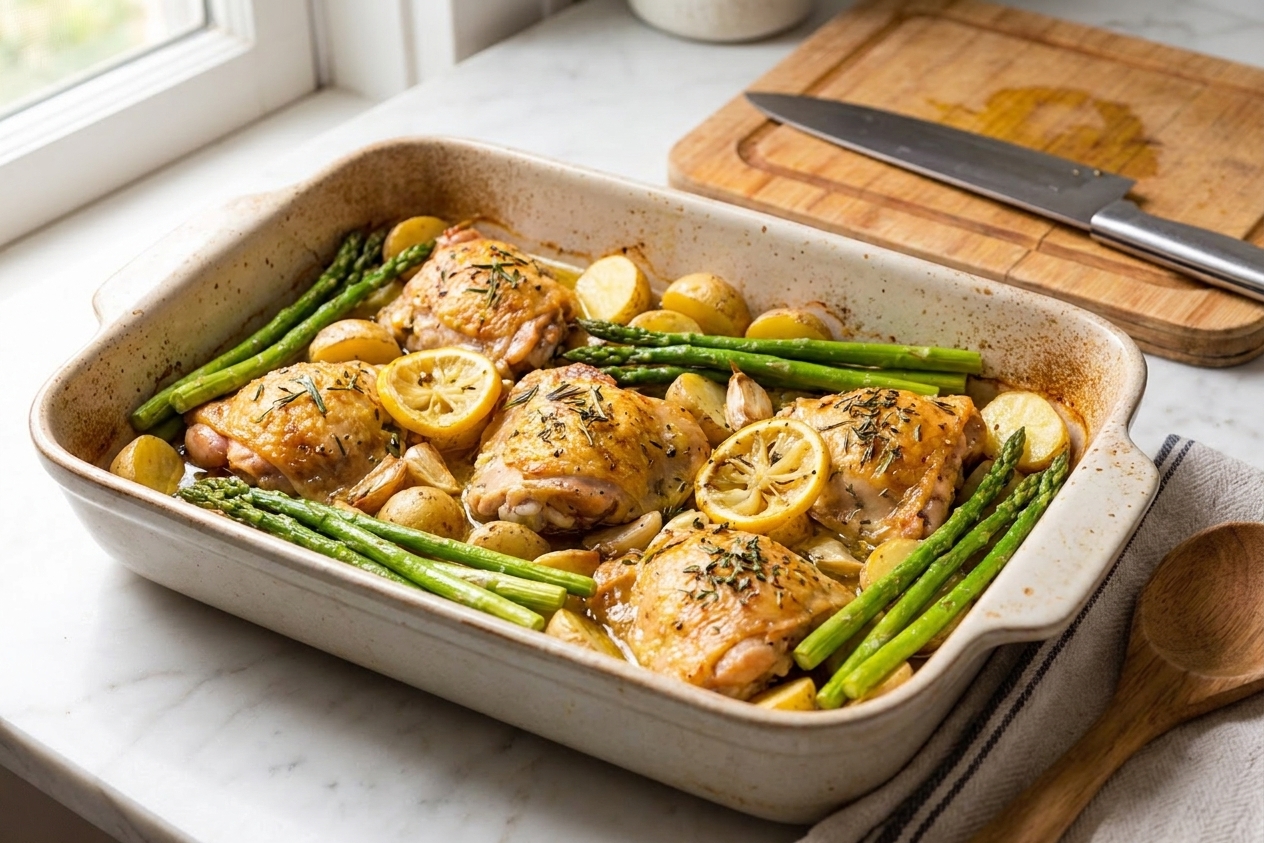 A 9x13 baking dish filled with roasted lemon garlic chicken thighs, golden baby potatoes, and bright green asparagus on a light kitchen counter