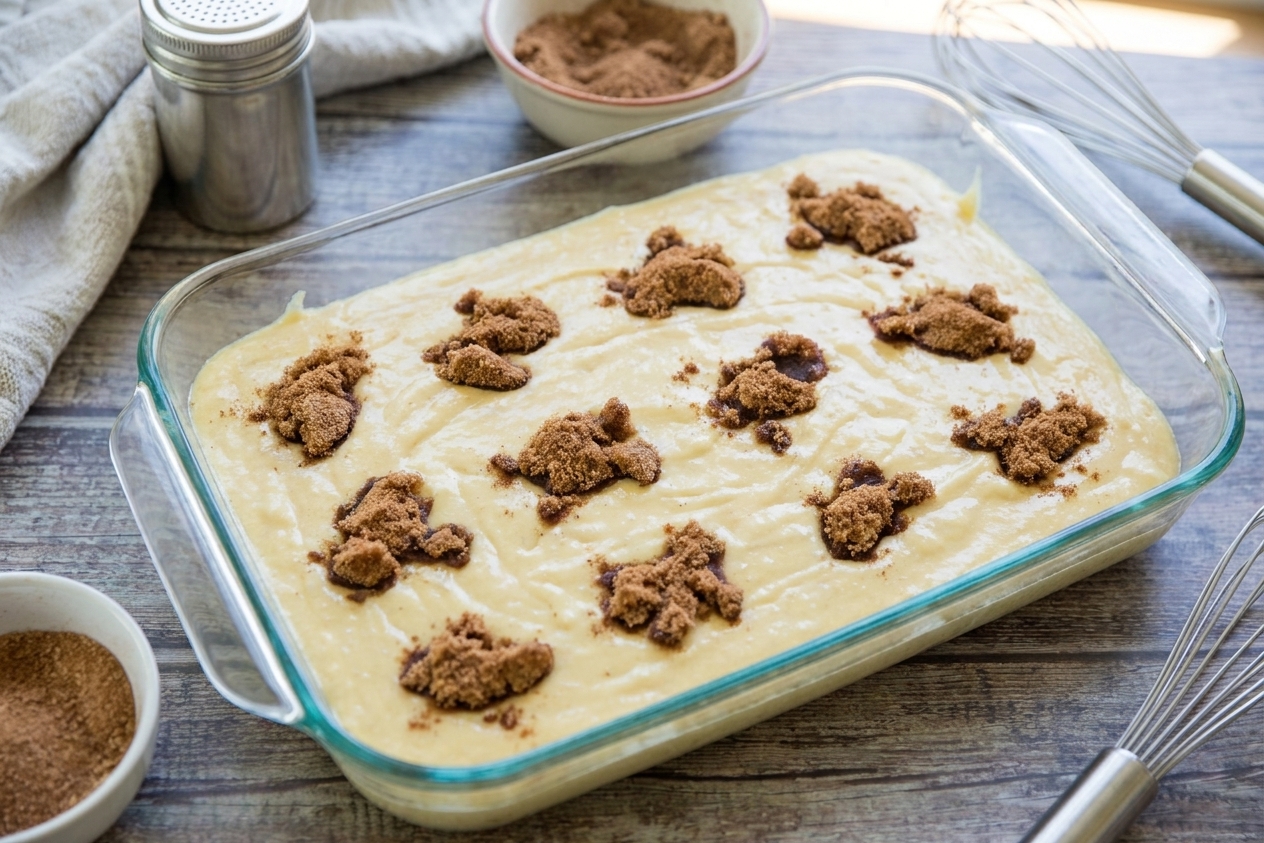 A 9x13 baking dish filled with vanilla cake batter dotted with cinnamon brown sugar mixture before swirling, viewed from overhead on a kitchen counter