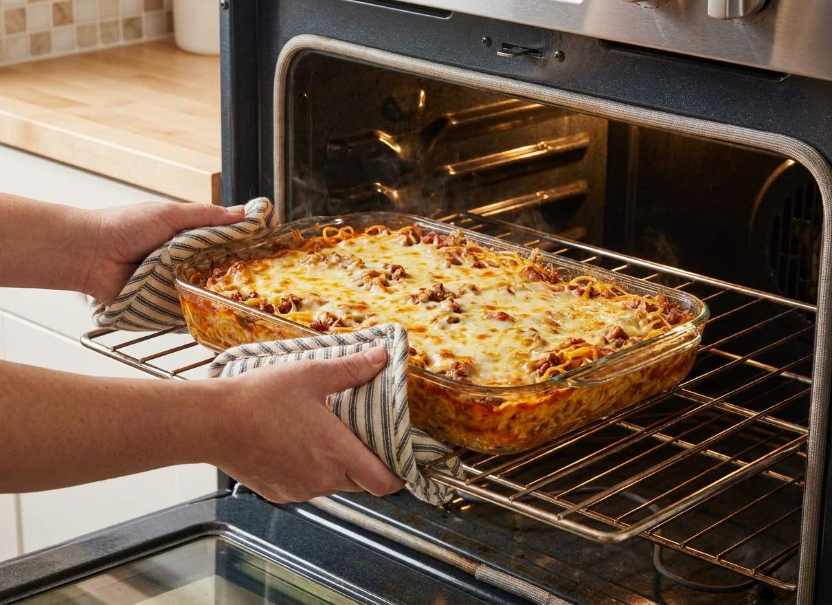 A 9x13 baking dish of cheesy spaghetti casserole being placed onto an oven rack, mid-bake, in a home kitchen