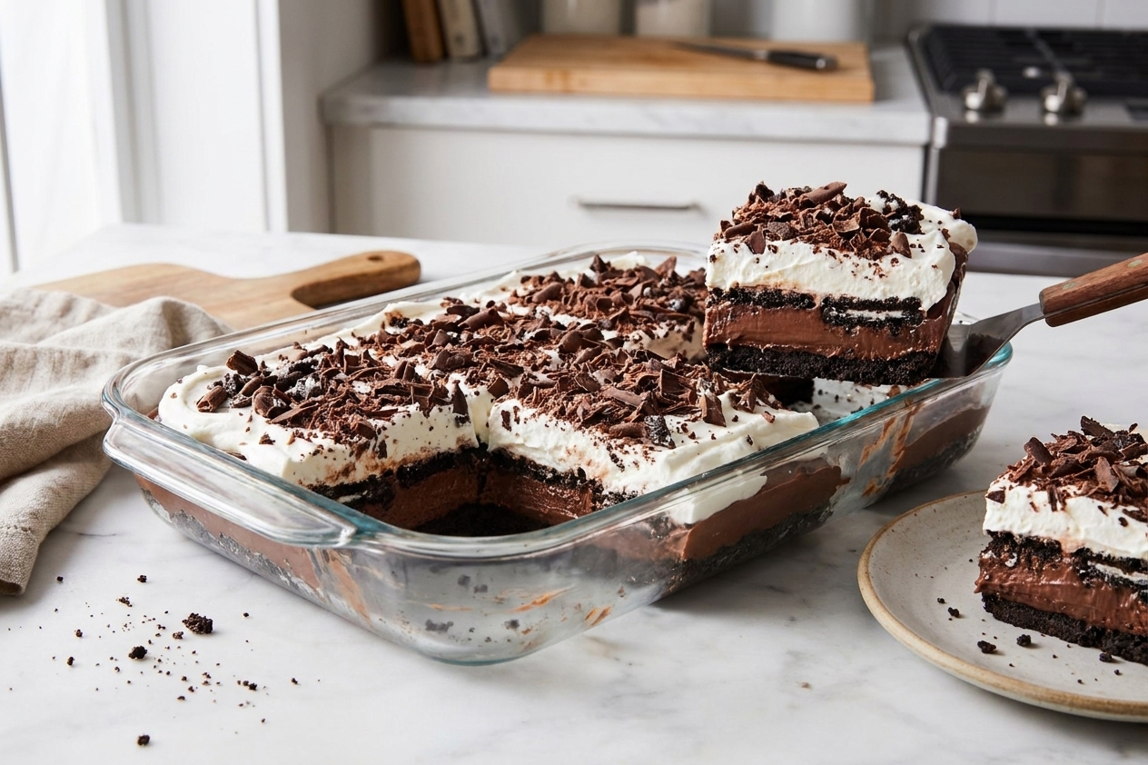 A 9x13 baking dish of chocolate lasagna on a kitchen counter with several squares cut, showing defined layers and chocolate shavings on top