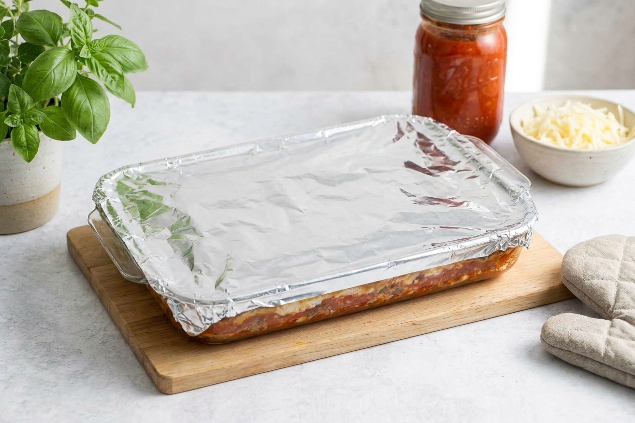 A 9x13 baking dish of lasagna tightly covered with foil, ready to go into the oven