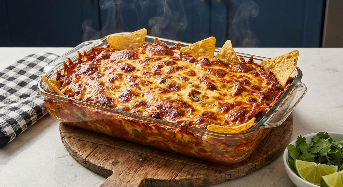 A 9x13 baking dish of taco casserole fresh out of the oven with browned cheese and crisp edges