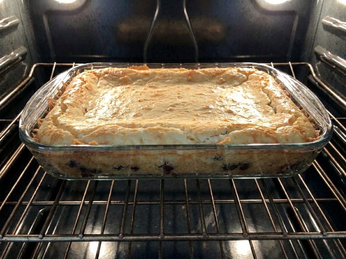 A 9x13 baking dish on an oven rack with the cream cheese topping puffed and lightly golden around the edges