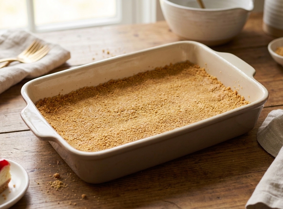 A 9x13 baking dish with an even layer of graham cracker crust pressed firmly into the bottom on a kitchen counter