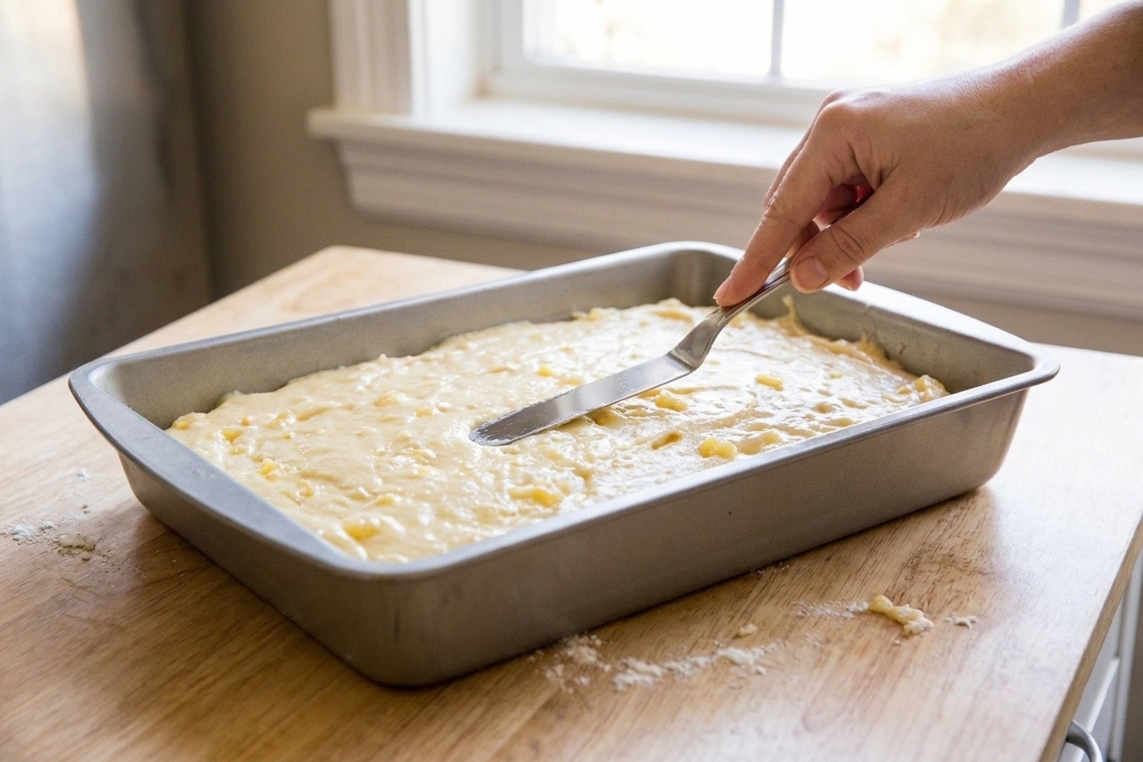 A 9x13 baking pan filled with pineapple yellow cake batter being smoothed with a spatula on a kitchen counter