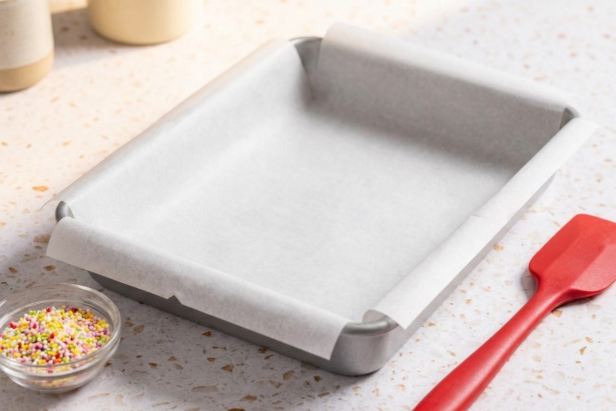 A 9x13 baking pan lined with parchment paper on a kitchen counter