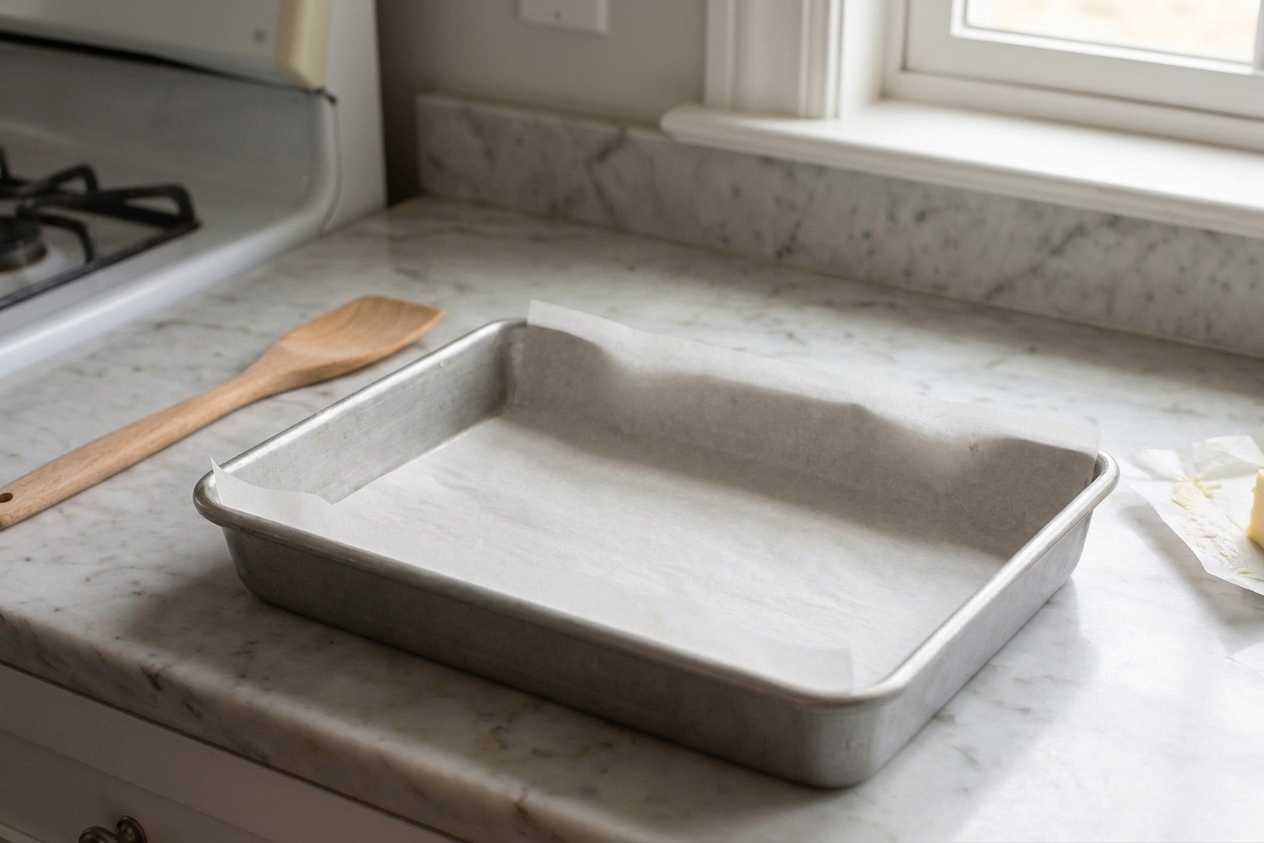 A 9x13 baking pan lined with parchment paper on a kitchen counter, corners neatly folded