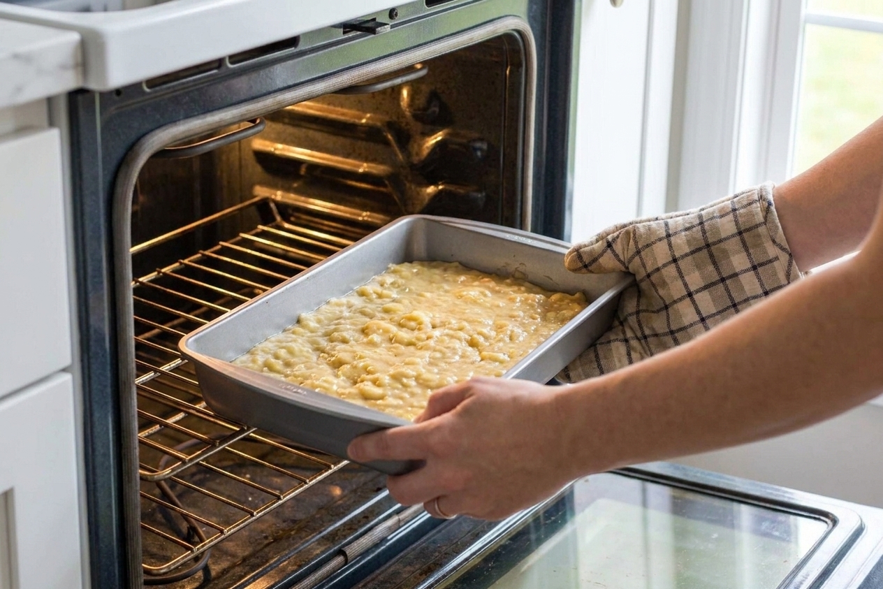A 9x13 baking pan of banana bar batter being placed onto the middle rack of a preheated oven