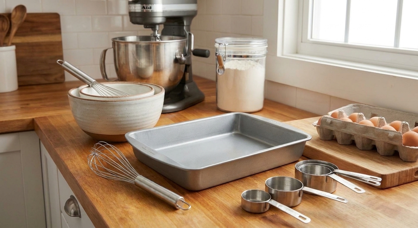 A 9x13 baking pan, whisk, mixing bowls, and measuring cups arranged neatly on a kitchen counter