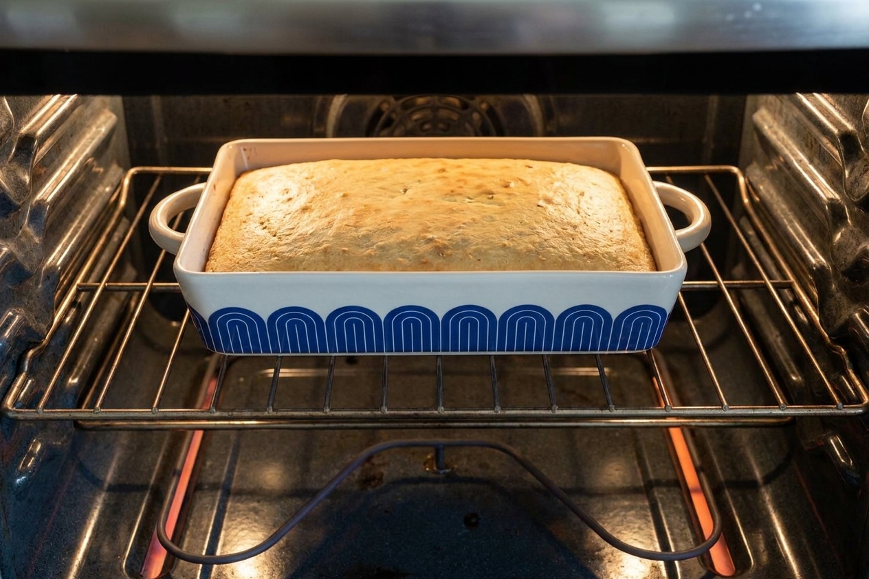 A 9x13 cake baking in an oven on the center rack with the cake risen and lightly golden