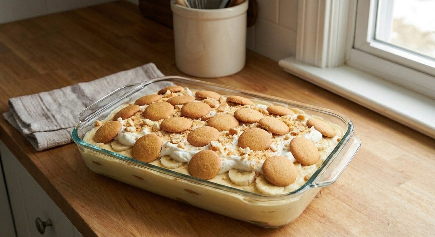 A 9x13 inch baking dish filled with banana pudding topped with vanilla wafers on a kitchen counter