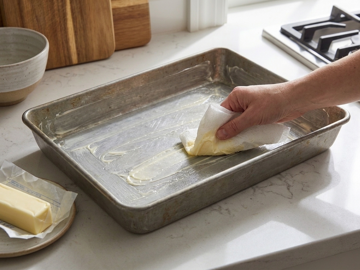 A 9x13-inch baking pan being buttered evenly on the bottom and sides on a light kitchen counter