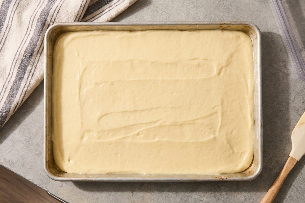 A 9x13-inch baking pan filled with smooth vanilla cake batter on a kitchen counter before baking
