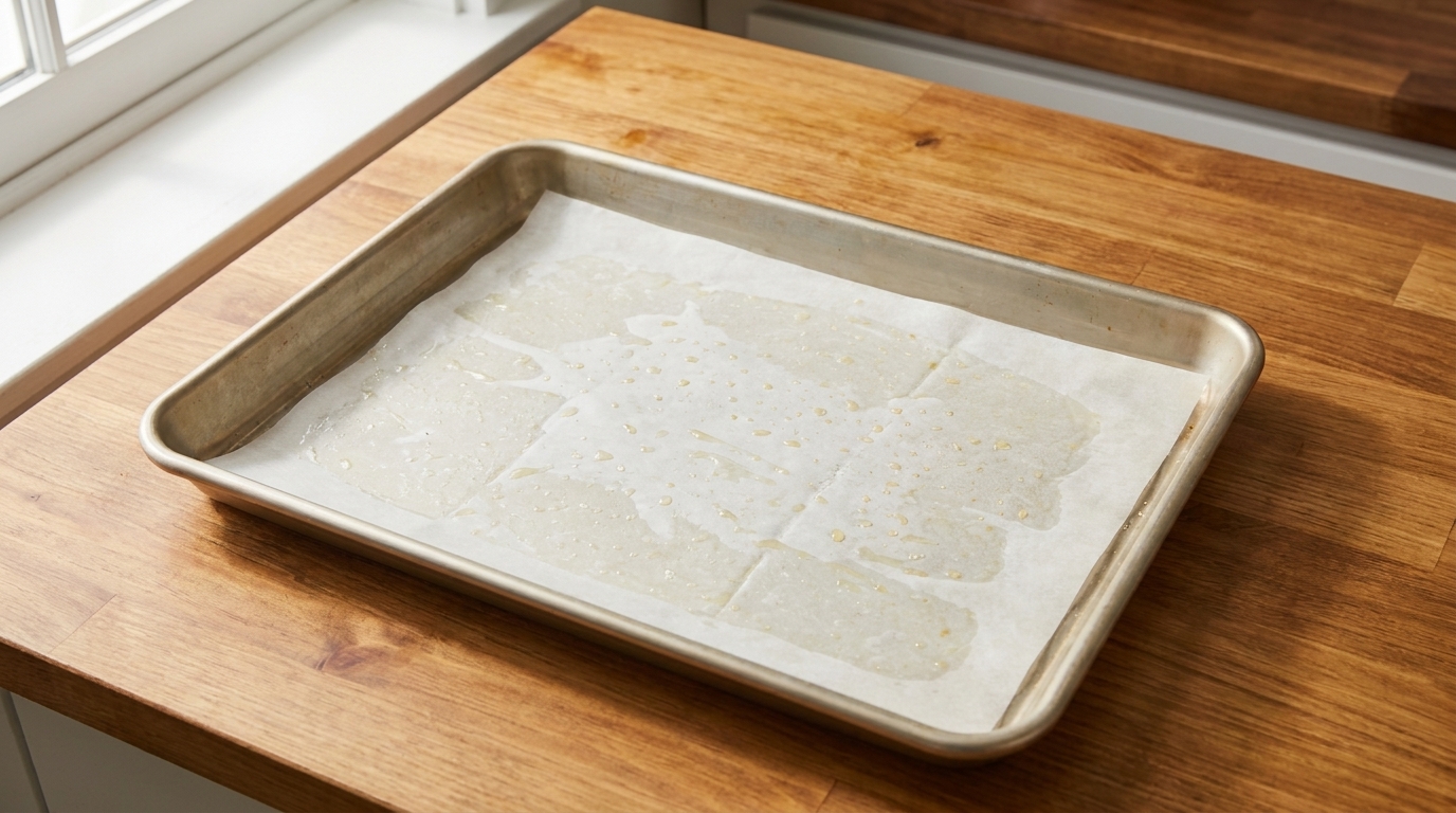 A 9x13-inch baking pan lined with parchment paper and lightly greased on a kitchen counter
