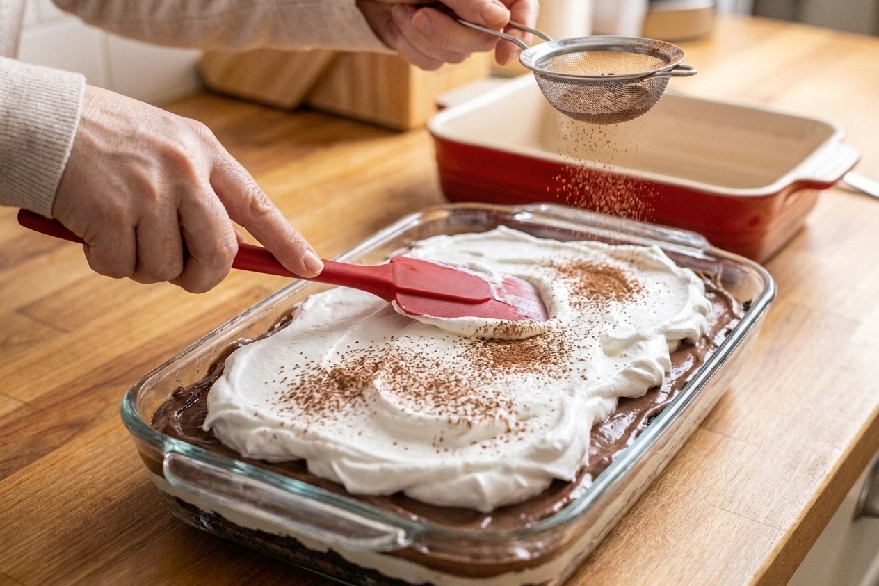 A 9x13-inch dish of layered chocolate delight being finished with a smooth whipped topping layer and a light dusting of cocoa powder