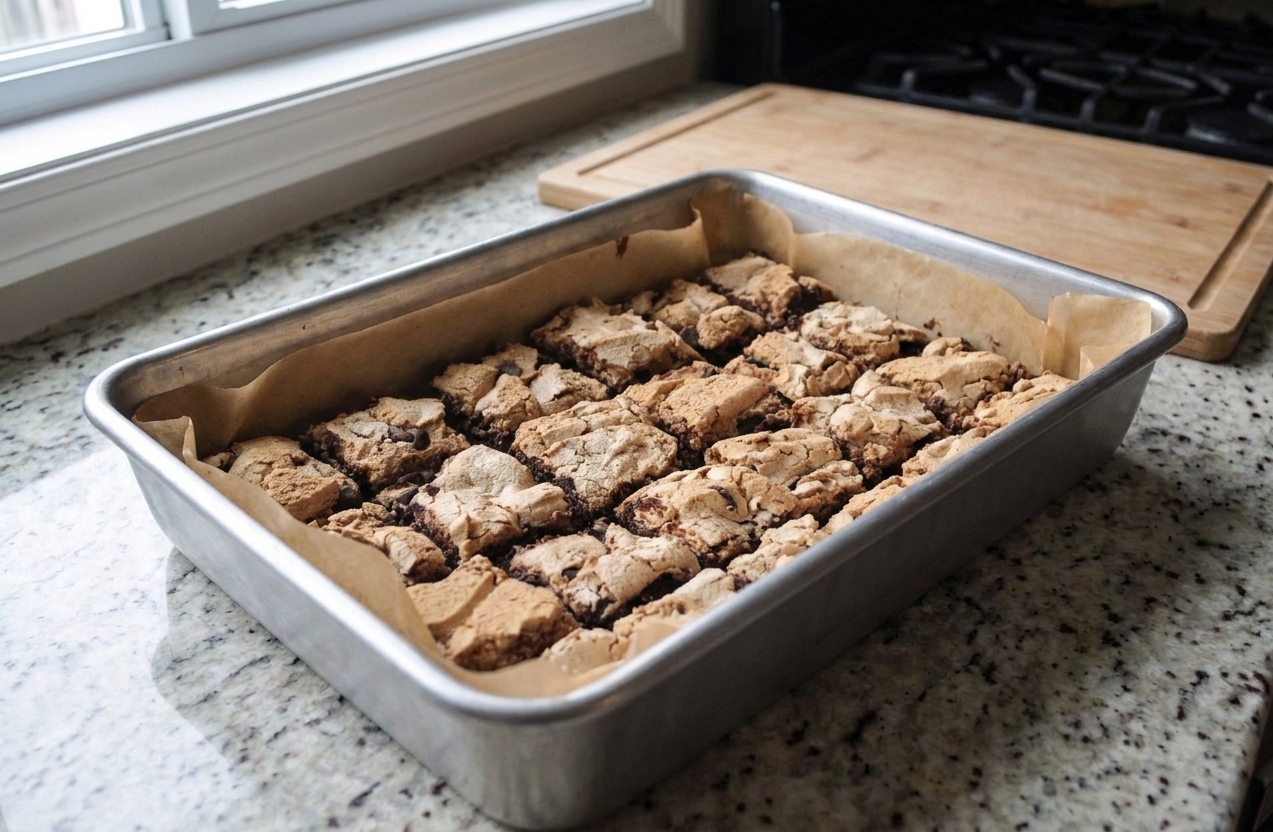 A 9x13-inch metal baking pan lined with parchment paper on a light stone kitchen counter
