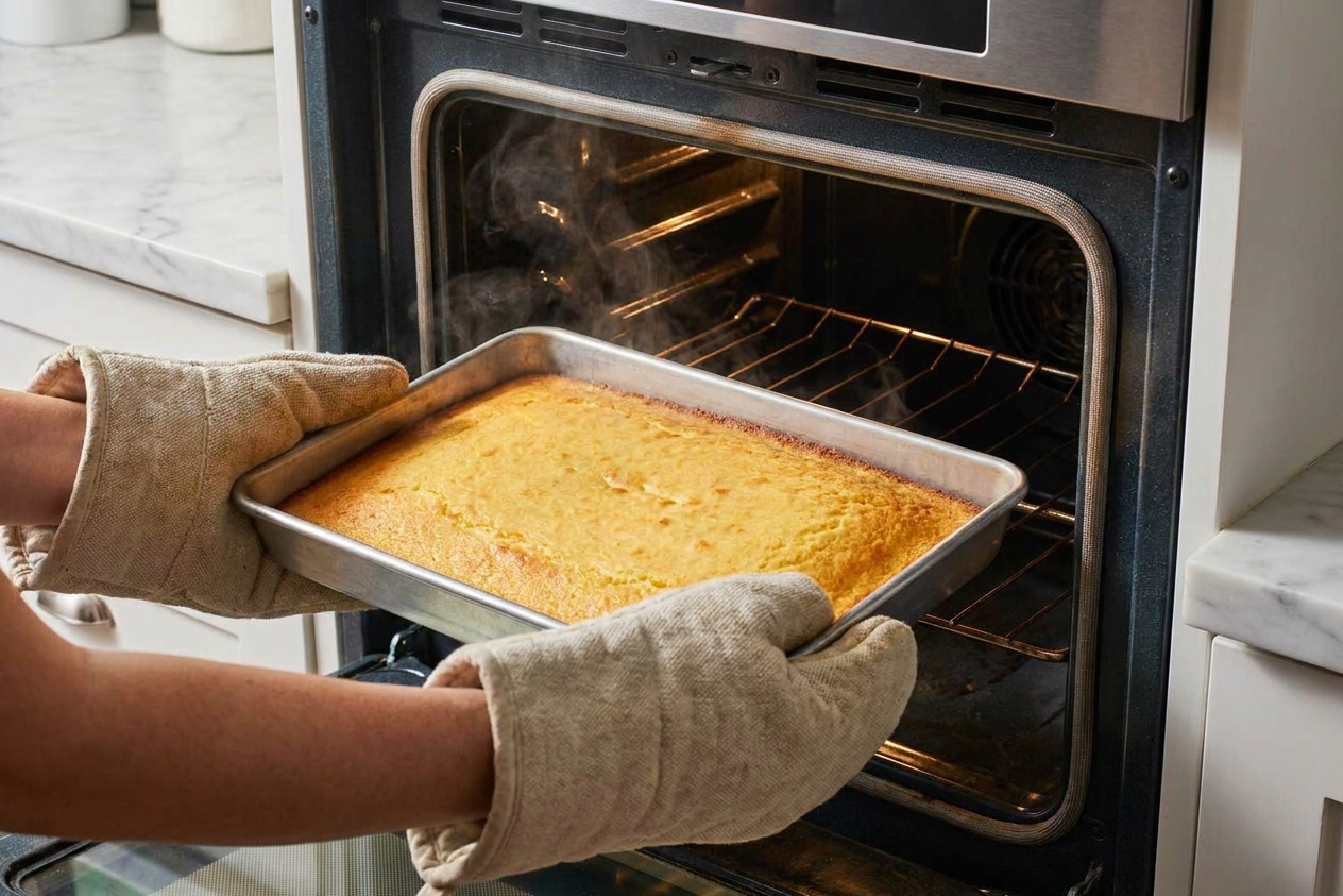 A 9x13-inch metal pan of golden yellow cake being pulled from an oven with oven mitts, steam rising slightly