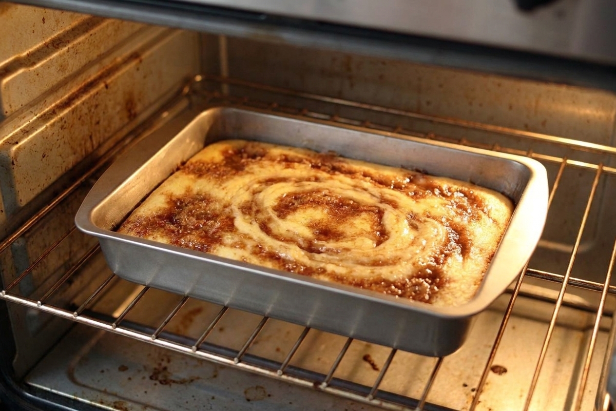 A 9x13-inch pan of honey bun cake baking on the middle rack of a home oven