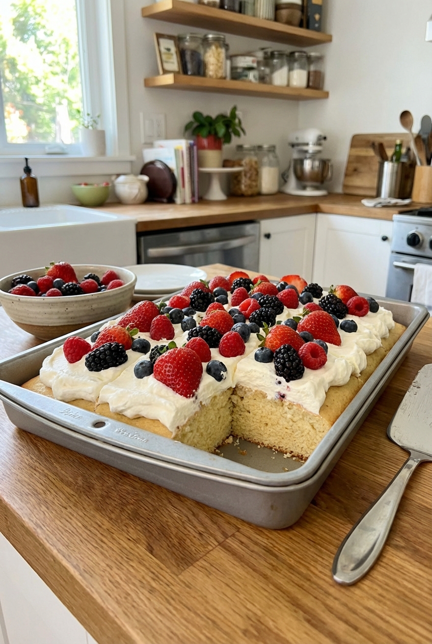 A 9x13 inch vanilla cake topped with whipped cream and fresh berries cut into squares in the baking pan on a kitchen counter