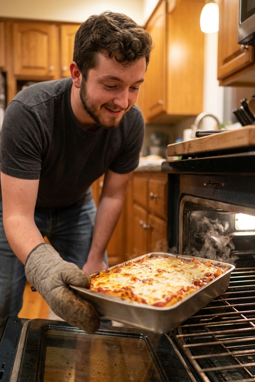 A 9x13 pan of baked ziti on an oven rack with sauce bubbling around the edges and browned mozzarella on top