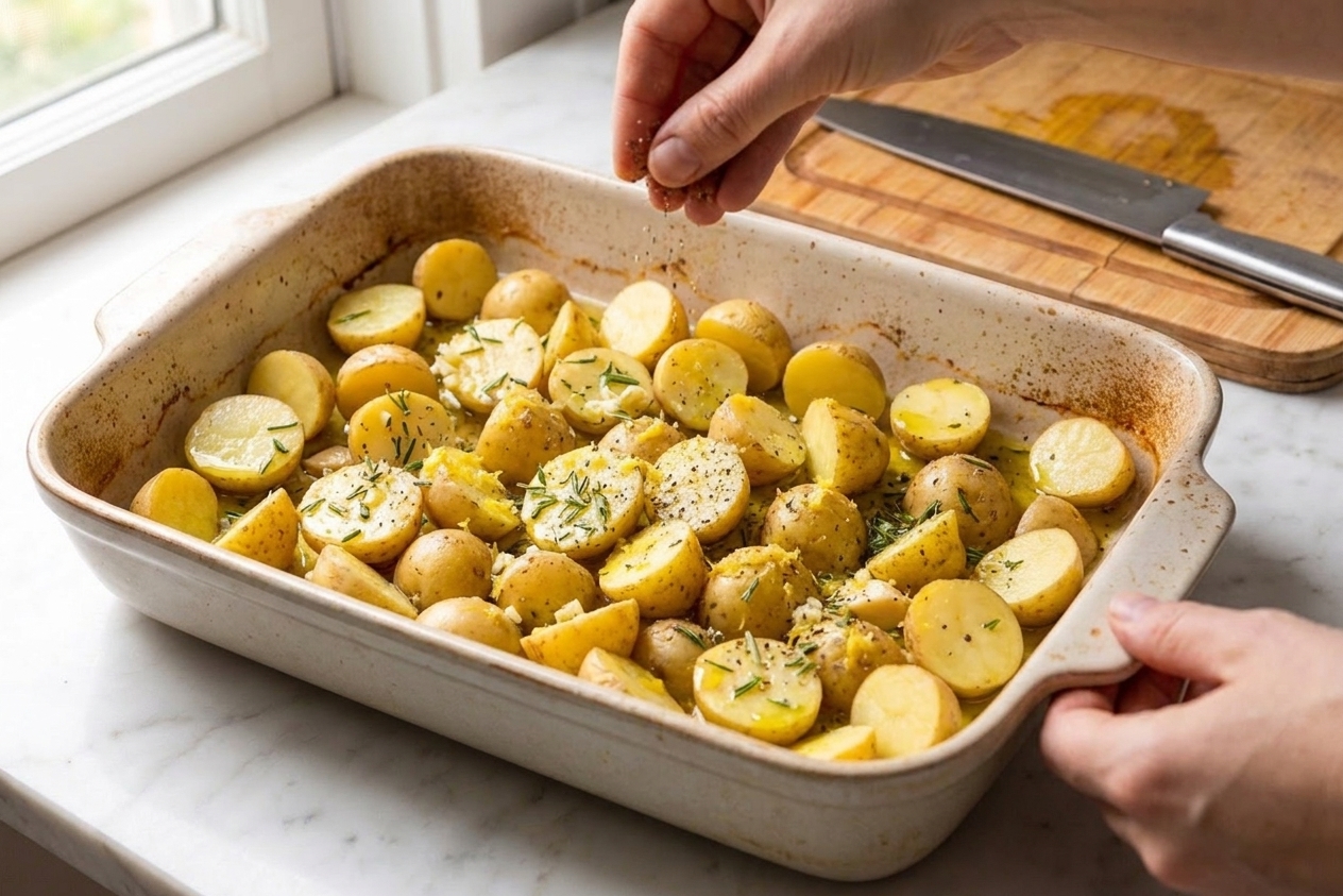 A 9x13 pan of seasoned baby potatoes spread in a single layer, ready to roast