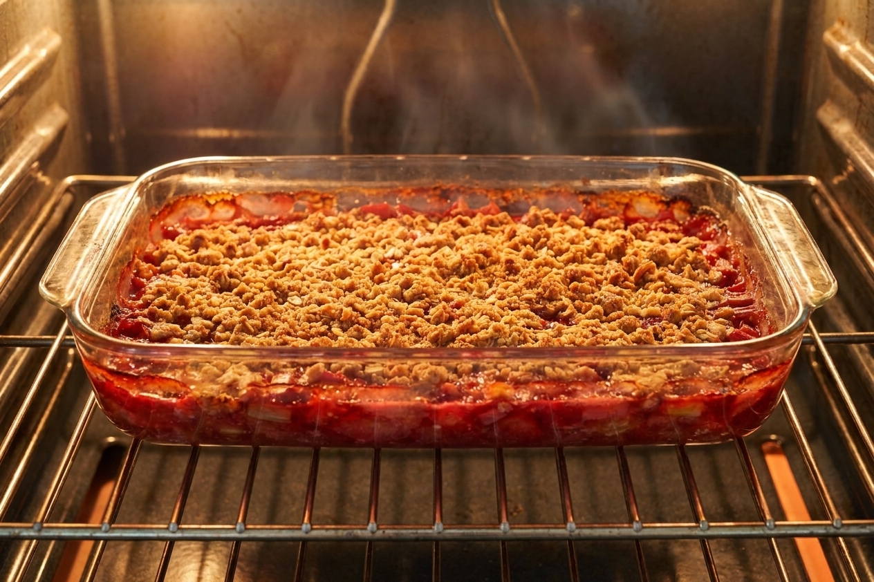 A 9x13 pan of strawberry rhubarb crisp baking on an oven rack with the topping turning golden