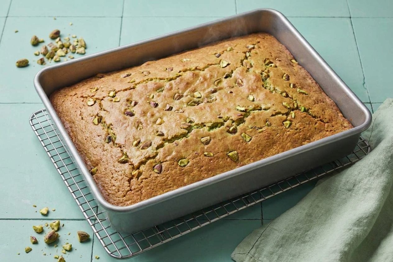 A 9x13 pistachio cake in its pan cooling on a wire rack on a kitchen counter