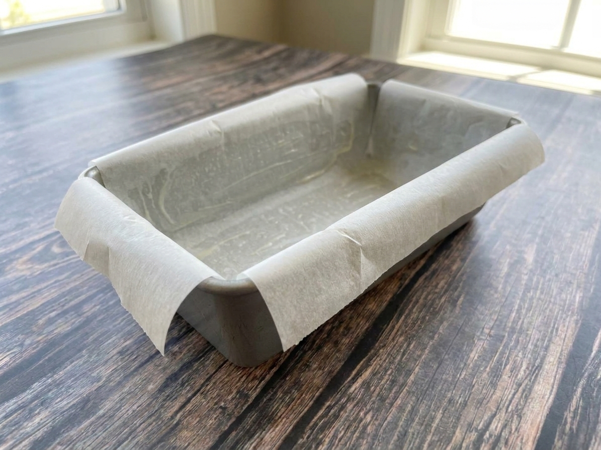A 9x5-inch loaf pan greased and lined with parchment paper on a kitchen counter