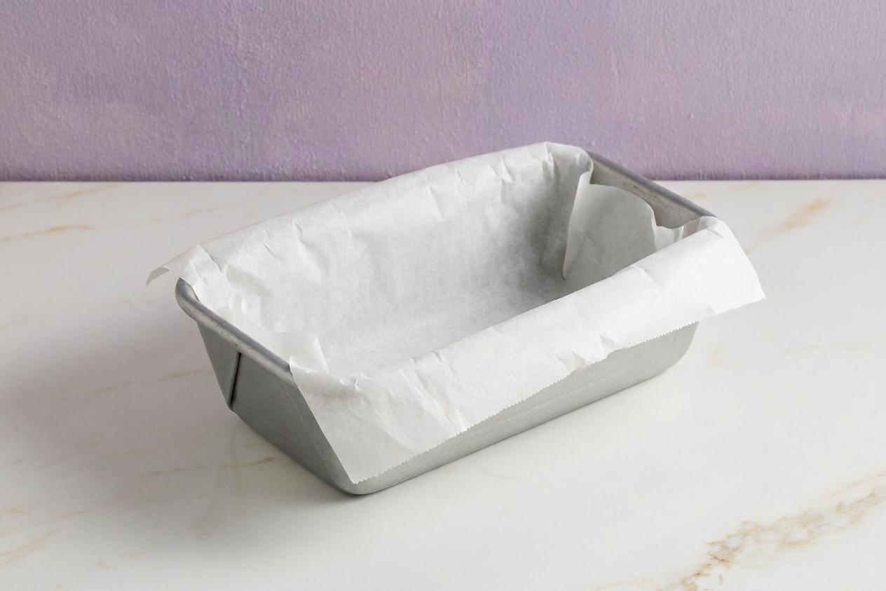 A 9x5-inch loaf pan lined with parchment paper with overhanging sides, set on a clean kitchen counter