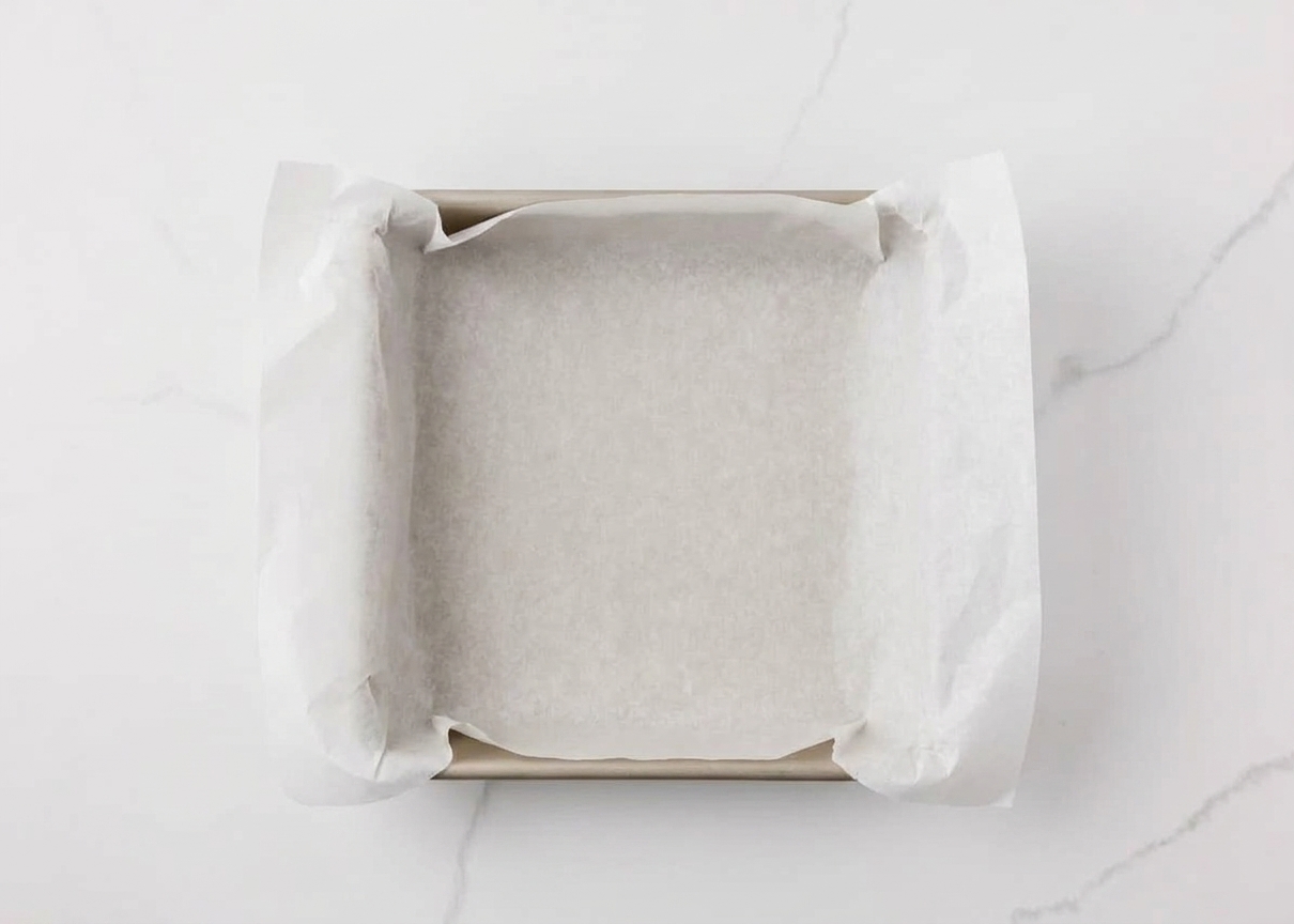 A 9x9-inch baking pan lined with parchment paper with overhang on two sides on a clean kitchen counter