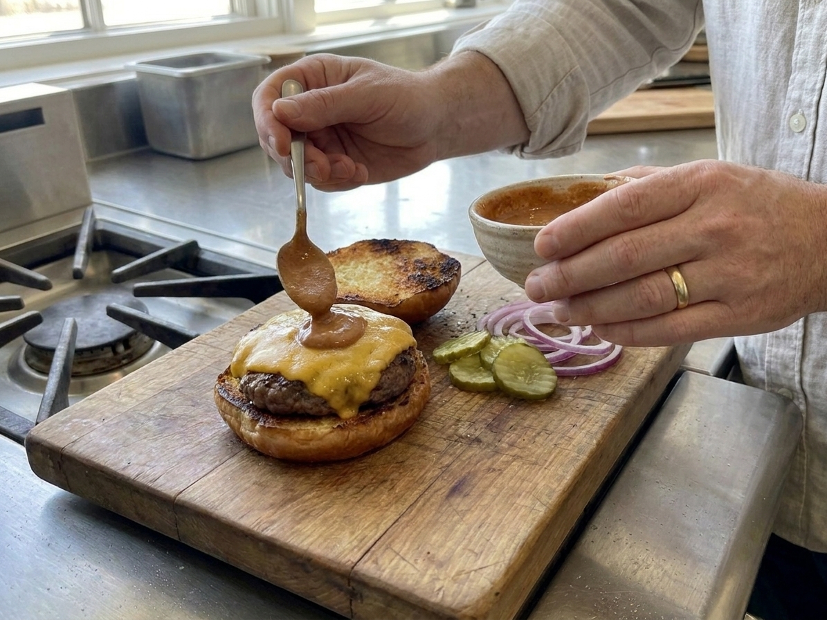 A BBQ cheeseburger being assembled with barbecue mayo, pickle chips, and red onion on a toasted bun on a cutting board
