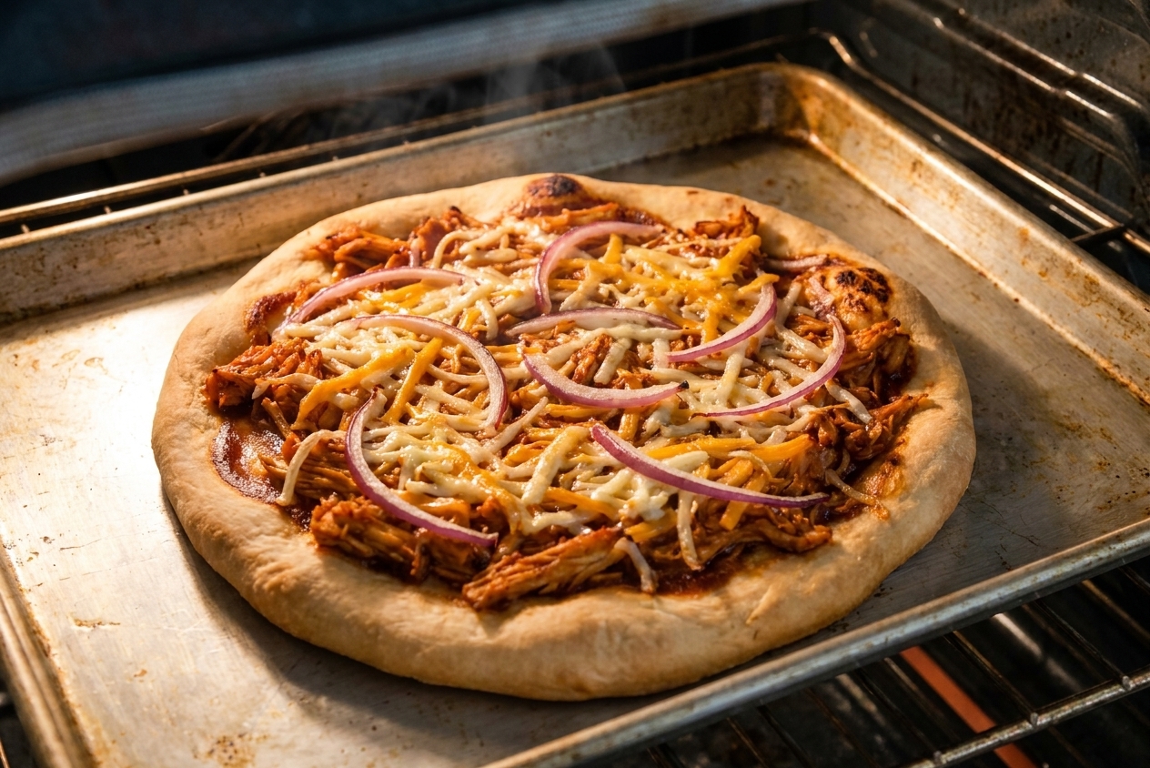 A BBQ chicken pizza baking on a sheet pan inside a home oven with bubbling cheese and lightly browned edges