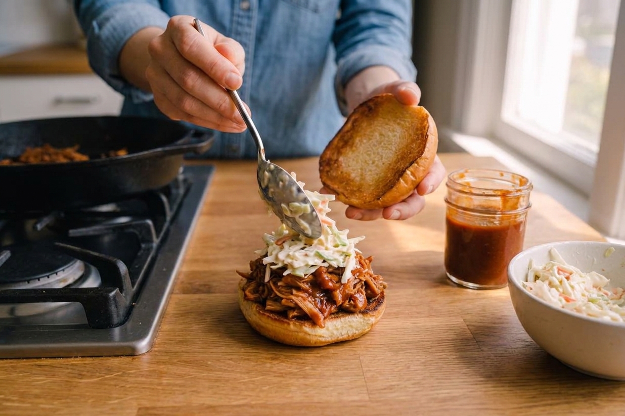 A BBQ jackfruit sandwich being assembled with a spoonful of creamy slaw on top on a kitchen counter