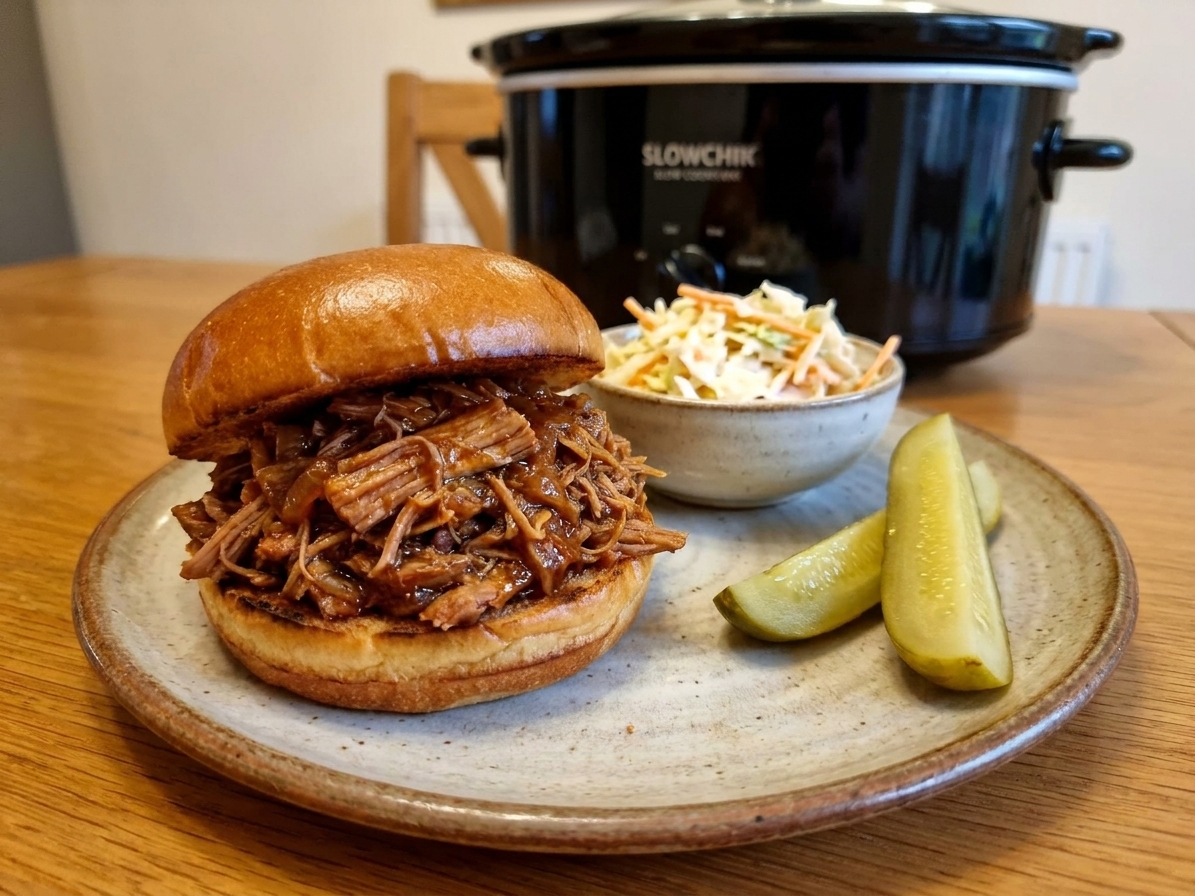A BBQ pulled pork sandwich on a toasted bun served with coleslaw and pickles on the side on a dinner table