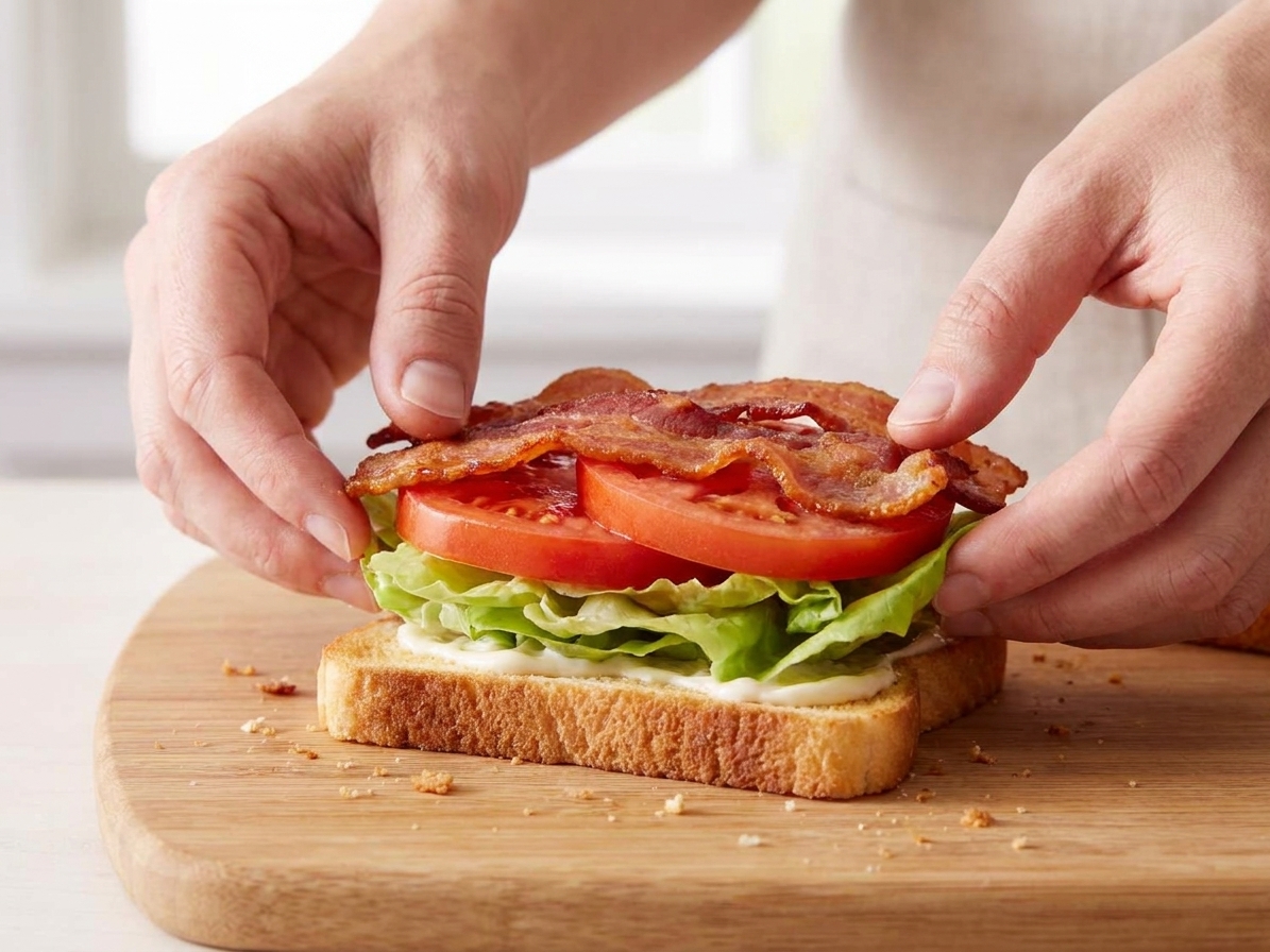 A BLT being assembled on a cutting board, layering lettuce, tomato slices, and crispy bacon on toasted bread