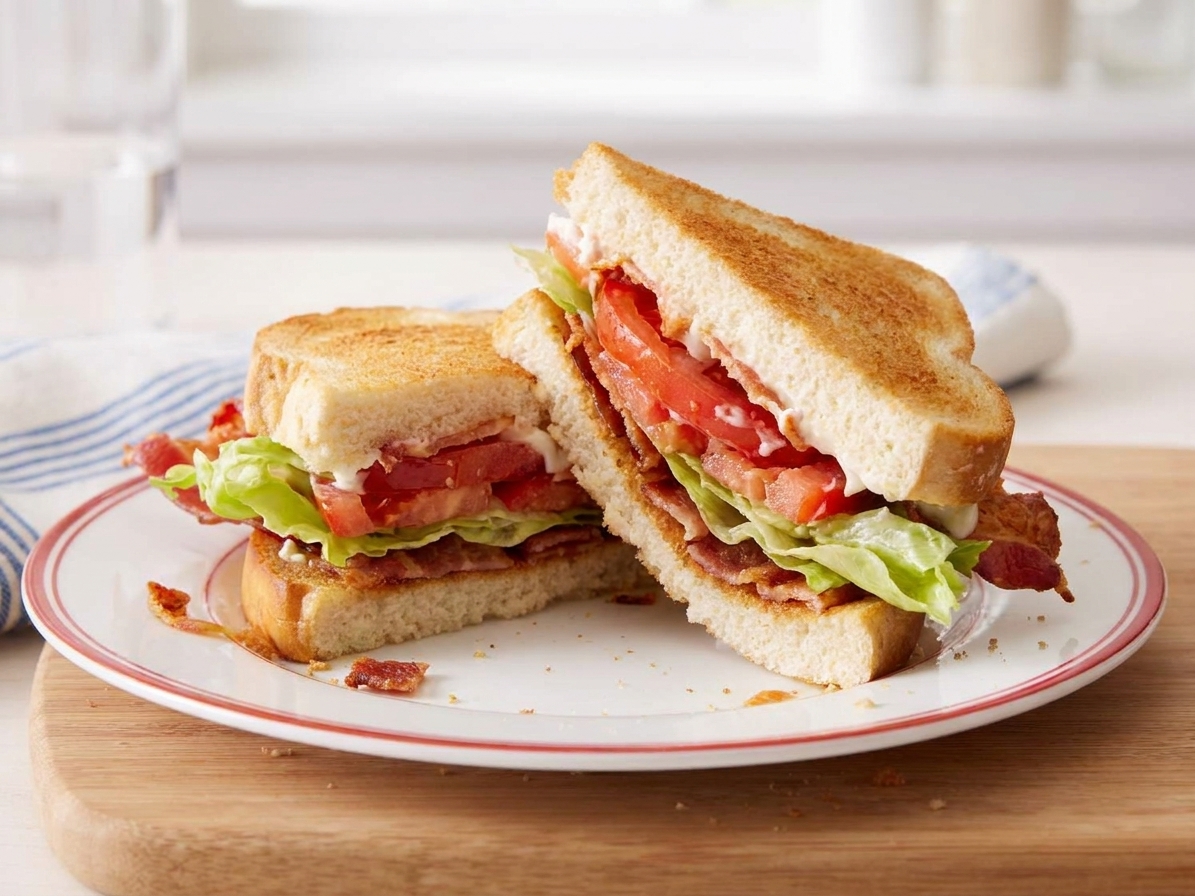 A BLT sandwich cut in half on a plate, showing crisp bacon layers, juicy tomato, and crunchy lettuce with toasted bread
