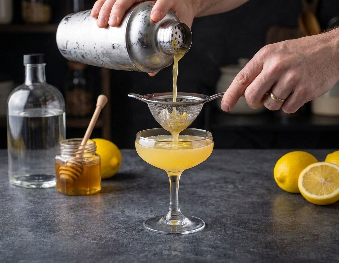 A Bee’s Knees cocktail being poured through a fine mesh strainer into a chilled coupe glass on a home kitchen counter