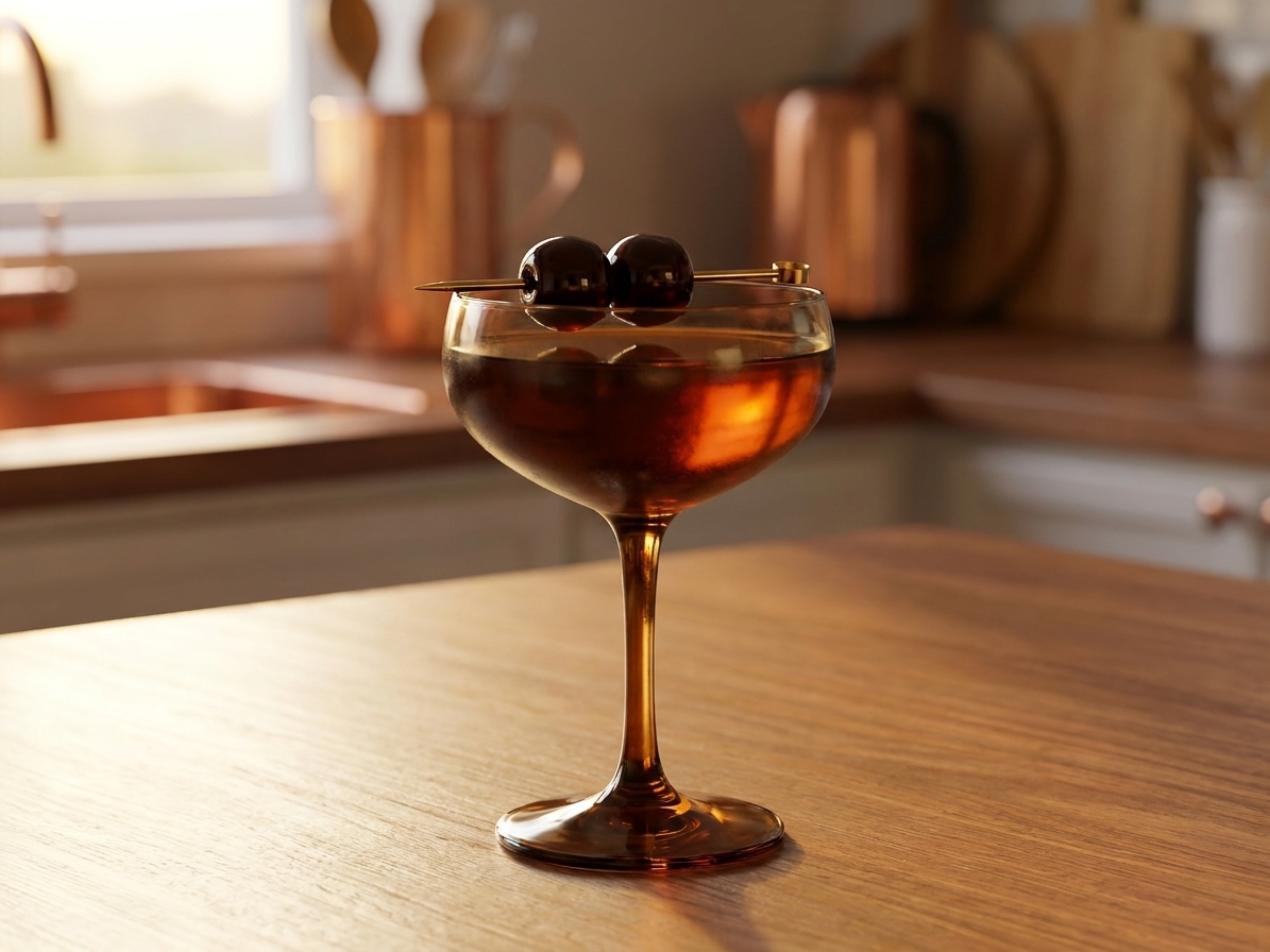 A Black Manhattan cocktail in a chilled coupe glass with a dark amber hue, garnished with a glossy cocktail cherry, on a warm-toned kitchen counter with soft evening light